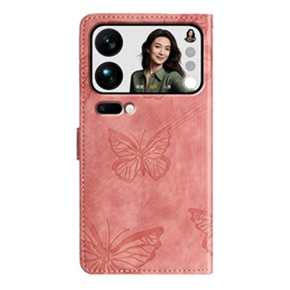 Kožený Kryt Xiaomi 17 Pro Semišový Efekt Motýlí Design