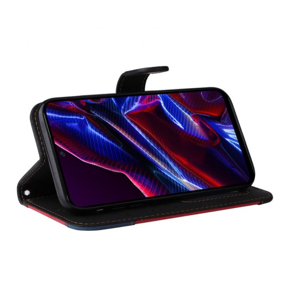 Kožené Pouzdro Na Poco X5 5G Na Lana Tříbarevný Pásek