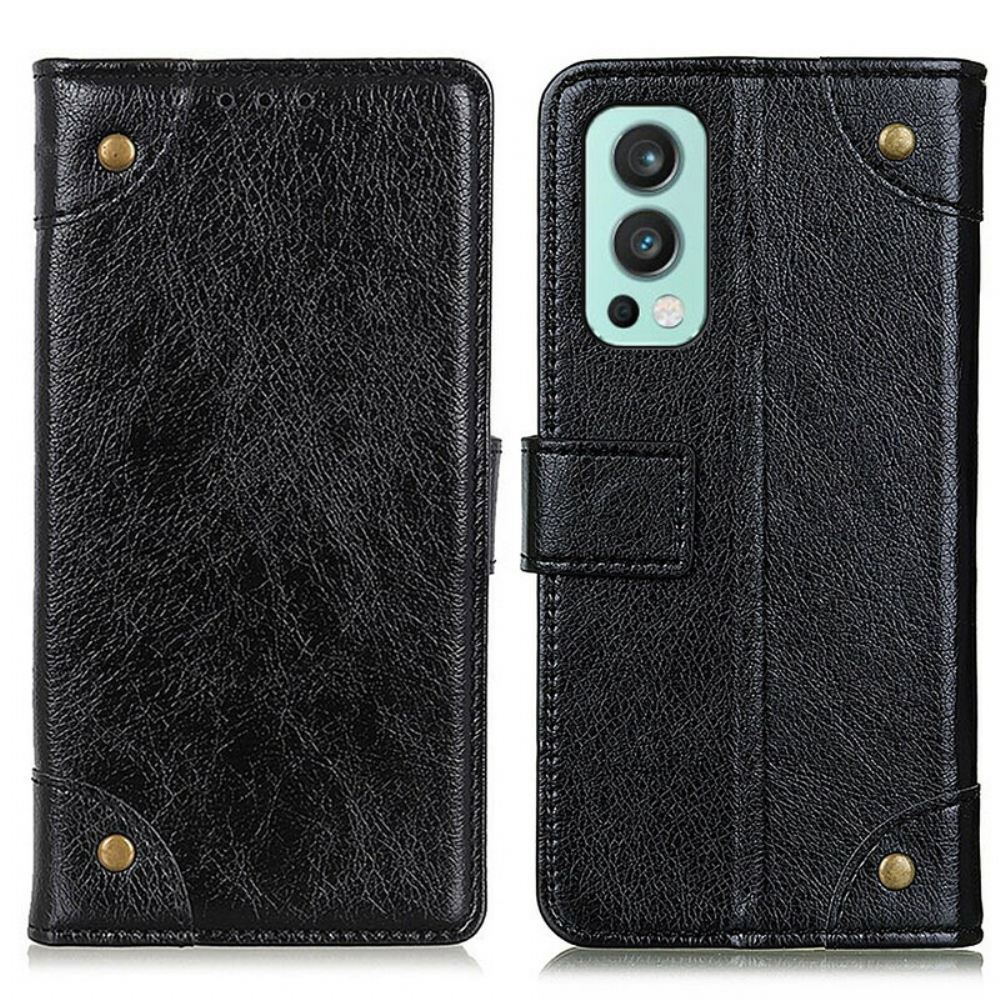 Flipové Pouzdro Na OnePlus Nord 2 5G Vintage Nýty Ve Stylu Kůže Nappa