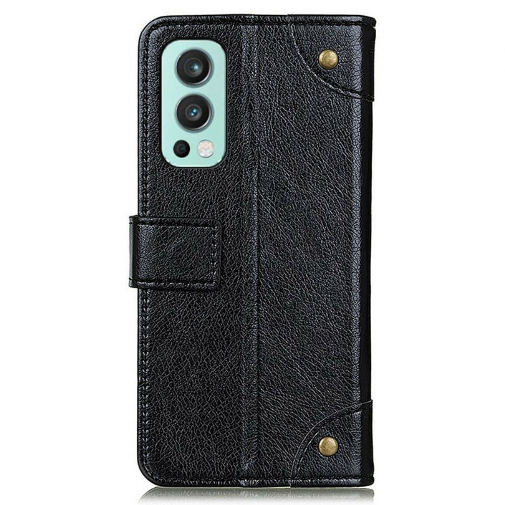 Flipové Pouzdro Na OnePlus Nord 2 5G Vintage Nýty Ve Stylu Kůže Nappa