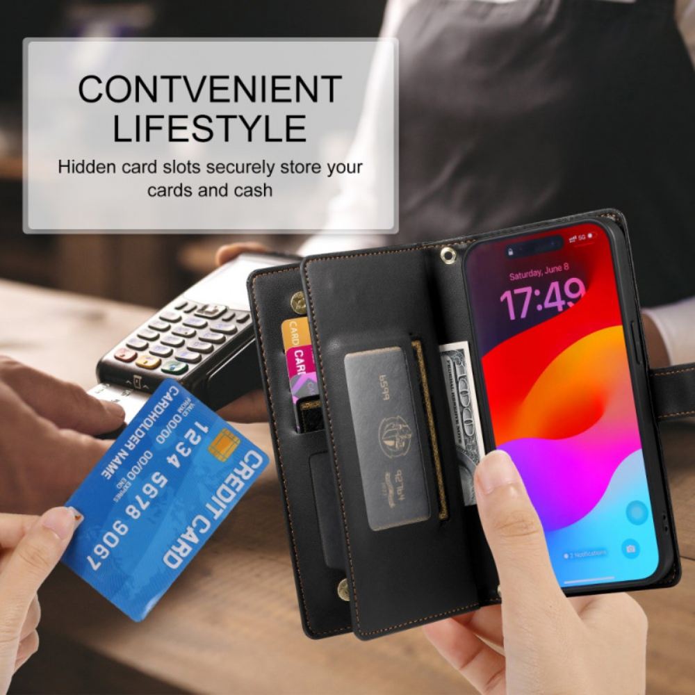 Kožený Kryt iPhone 17 Pro Max Peněženka S Kapsou Na Zip