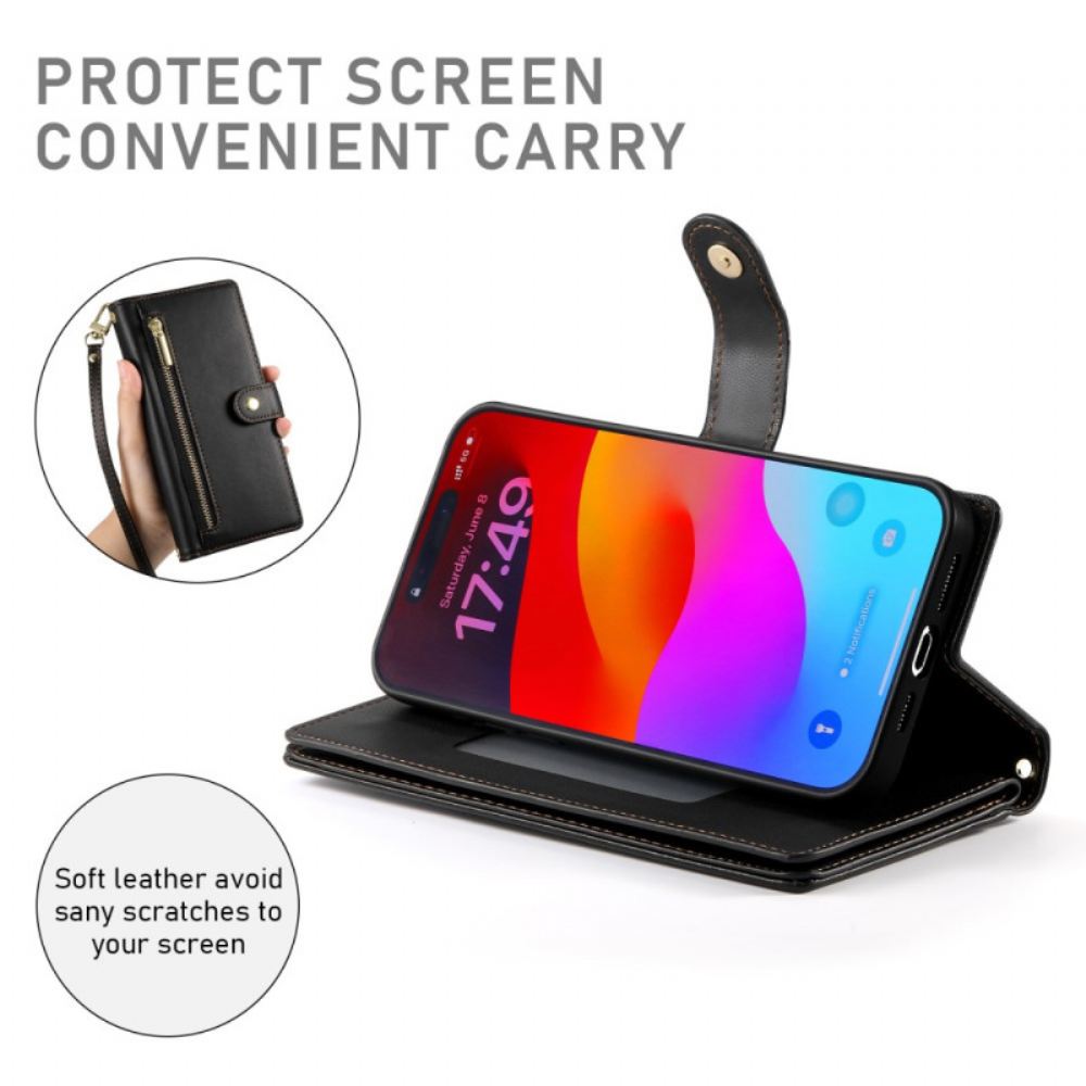 Kožený Kryt iPhone 17 Pro Max Peněženka S Kapsou Na Zip