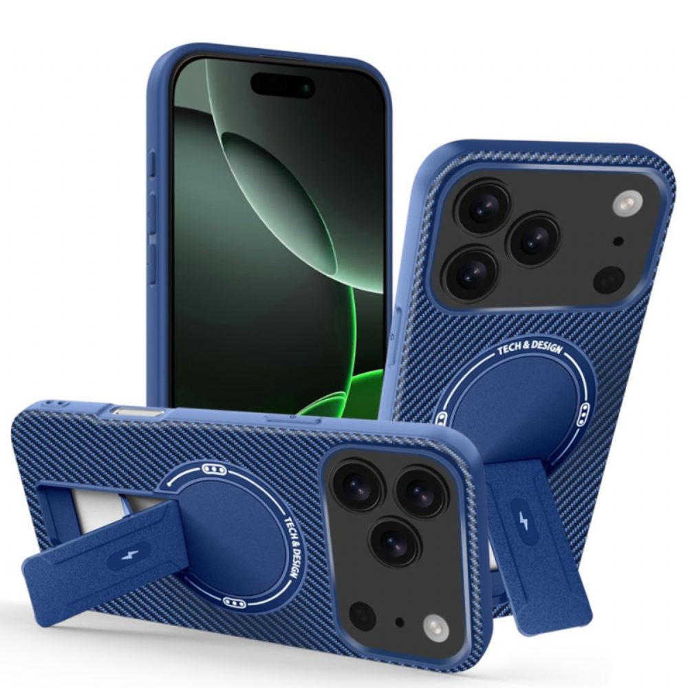 Kryt iPhone 17 Pro Max Textura Z Uhlíkových Vláken Se Stojánkem