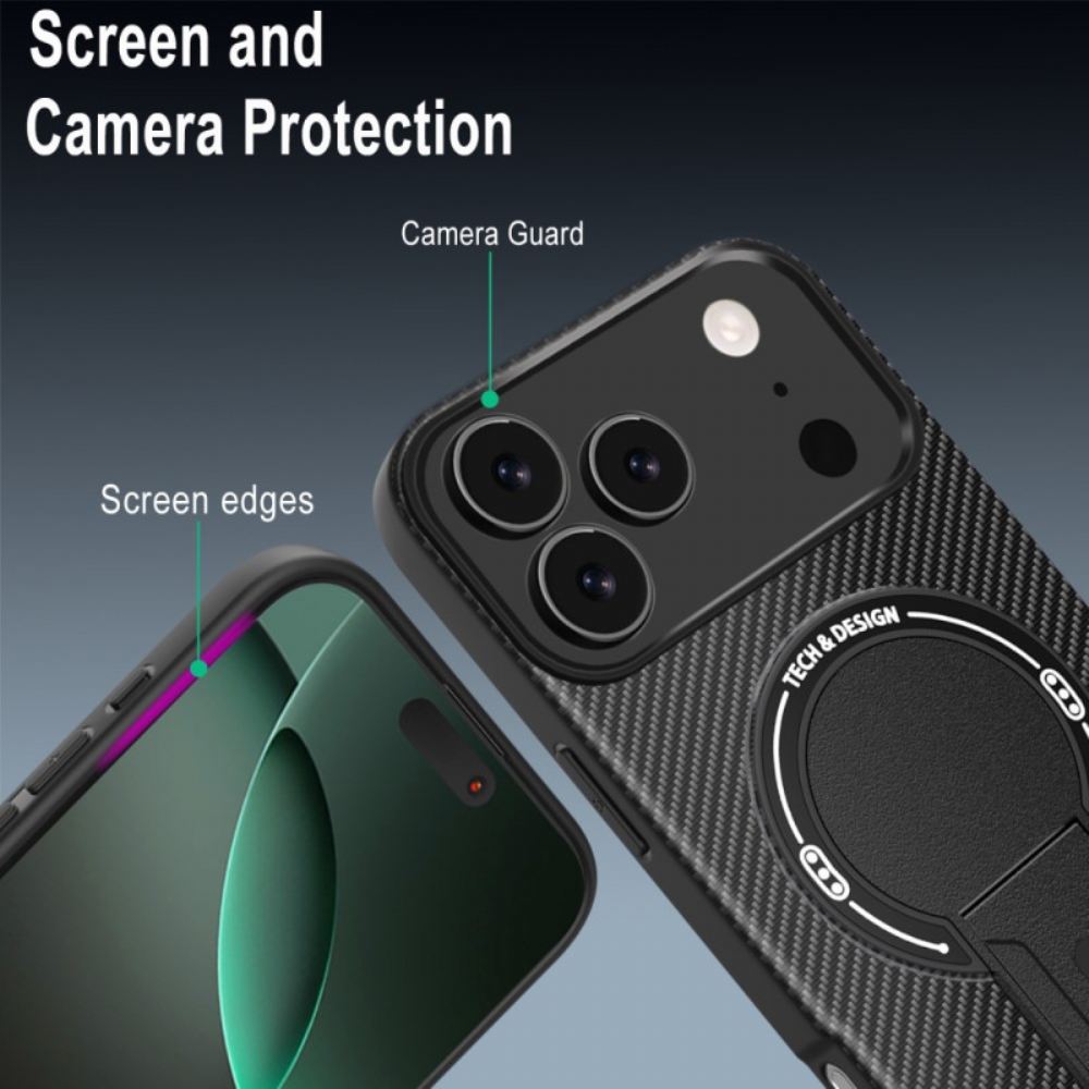 Kryt iPhone 17 Pro Max Textura Z Uhlíkových Vláken Se Stojánkem