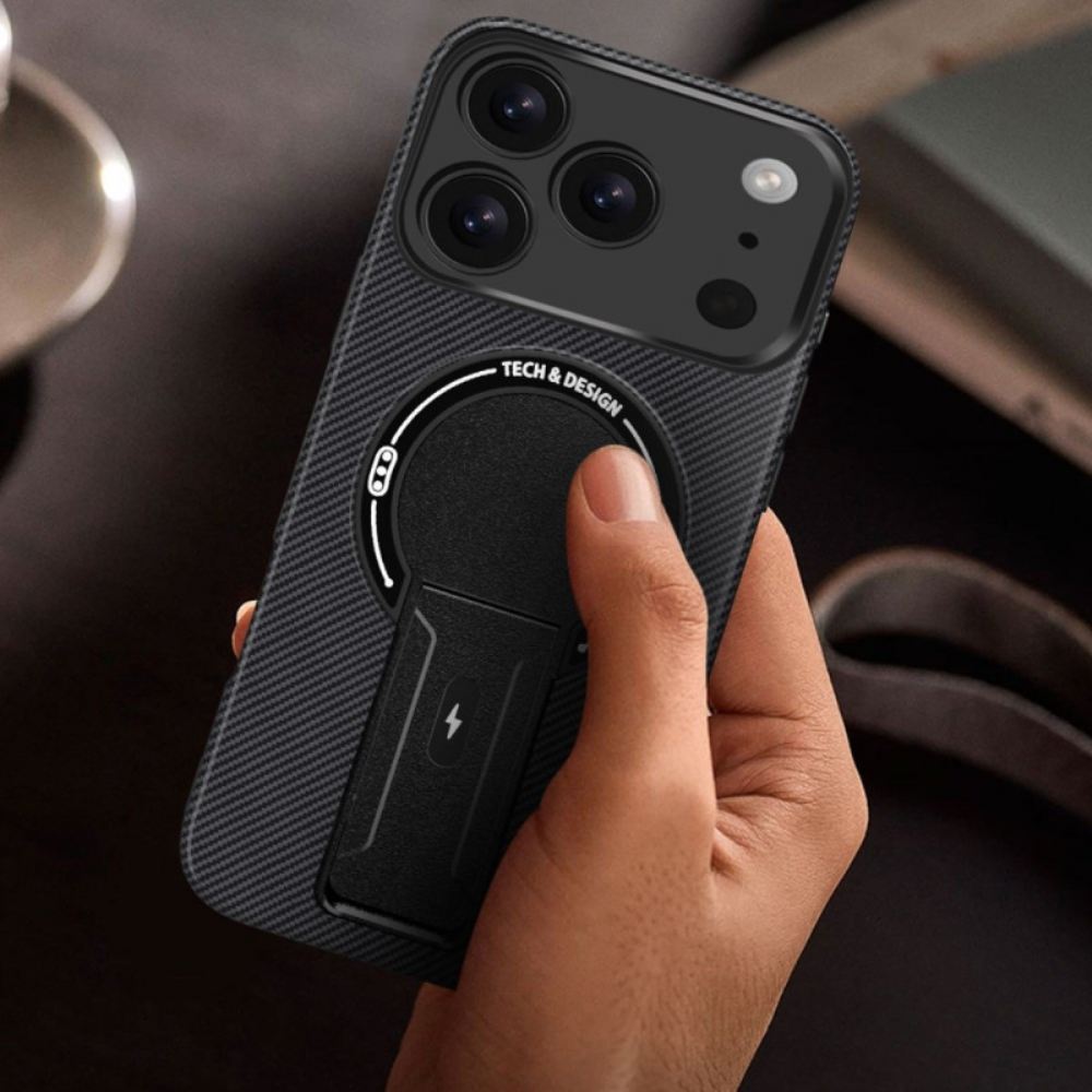 Kryt iPhone 17 Pro Max Textura Z Uhlíkových Vláken Se Stojánkem