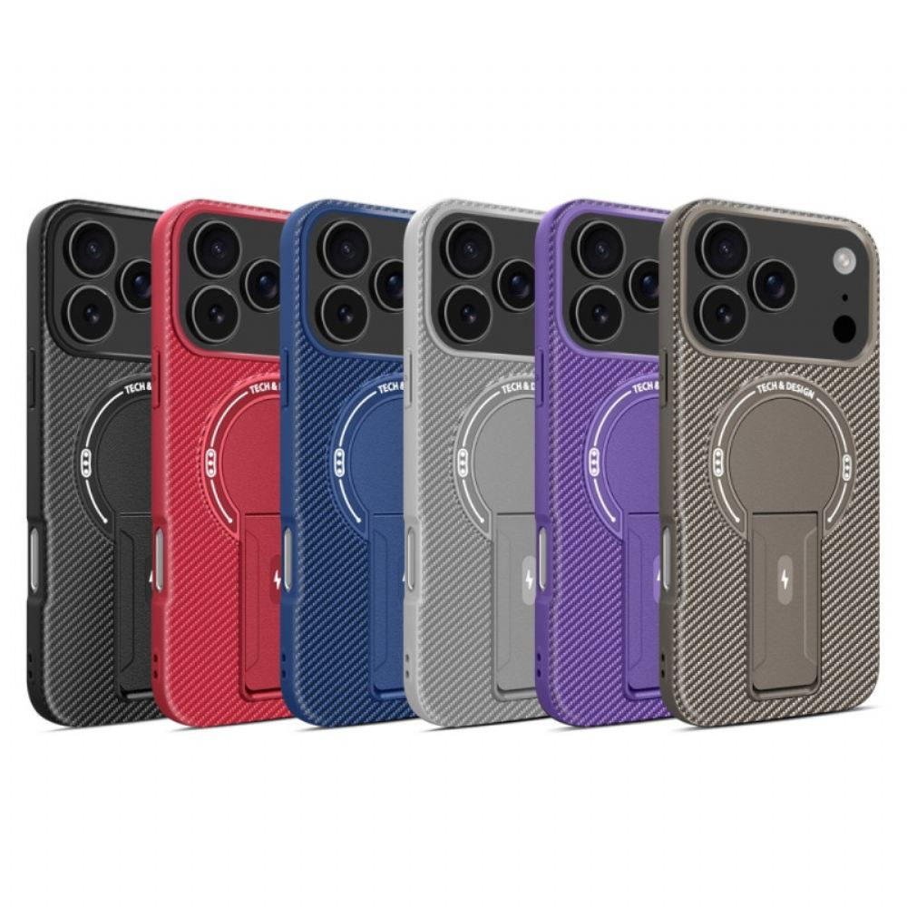 Kryt iPhone 17 Pro Max Textura Z Uhlíkových Vláken Se Stojánkem