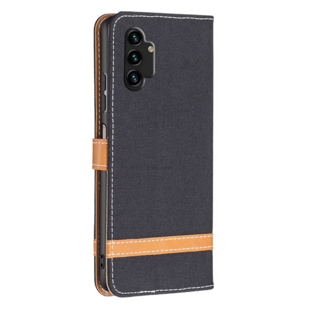 Flipové Pouzdro Na Samsung Galaxy A13 Na Lana Pásek S Látkovým A Koženým Efektem