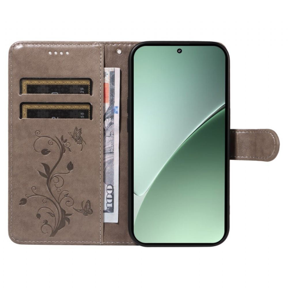 Kožený Kryt Xiaomi 15 Pro Květinový A Motýlí Vzor