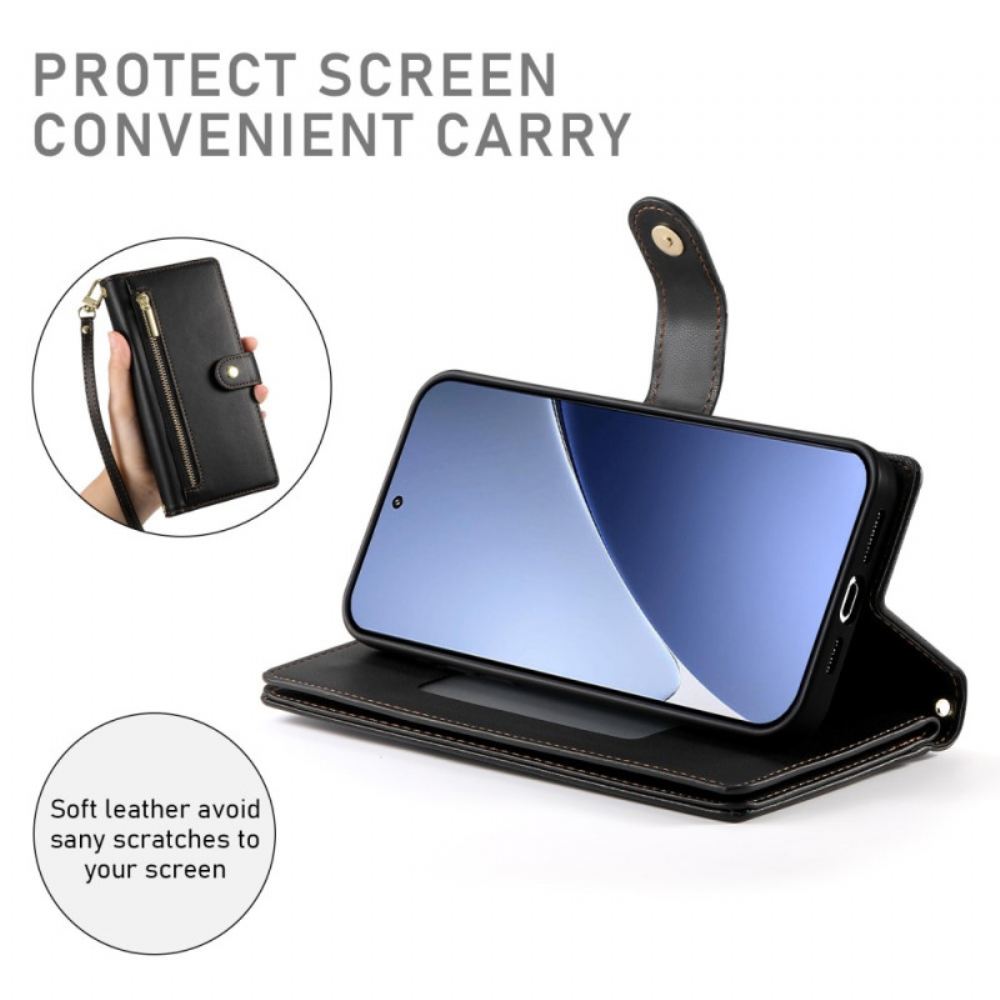 Kožený Kryt Xiaomi 15 Pro Peněženka S Popruhem A Ramenním Popruhem