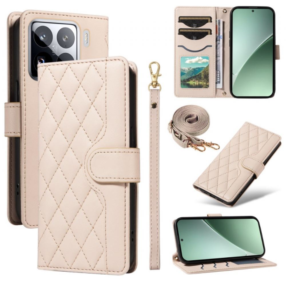 Kožený Kryt Xiaomi 15 Pro Prošívané S Popruhem A Ramenním Popruhem