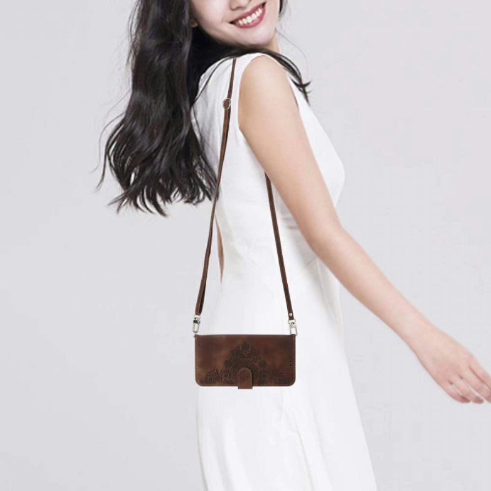 Kožený Kryt Xiaomi 15 Pro Semišový Květinový Vzor S Páskem A Ramenem Popruh