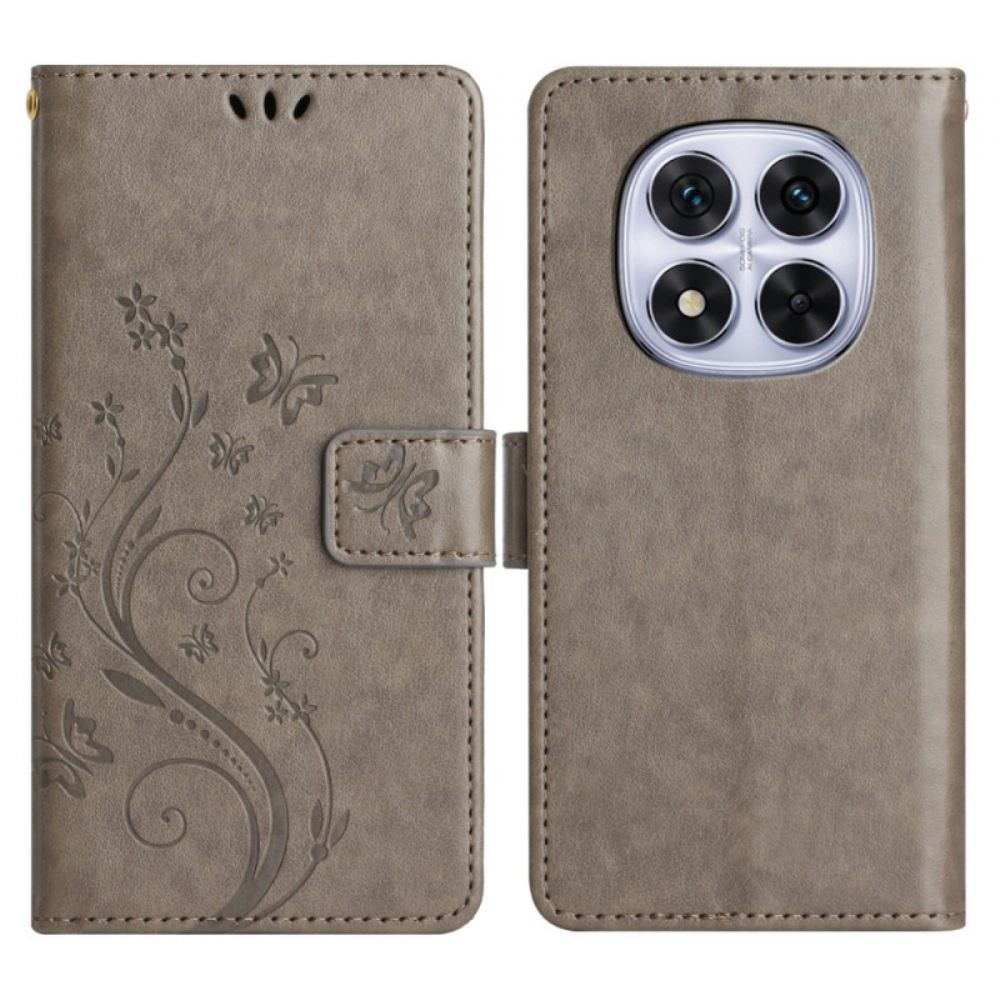 Kožený Kryt Poco X7 5g Potisk Motýlů A Květin