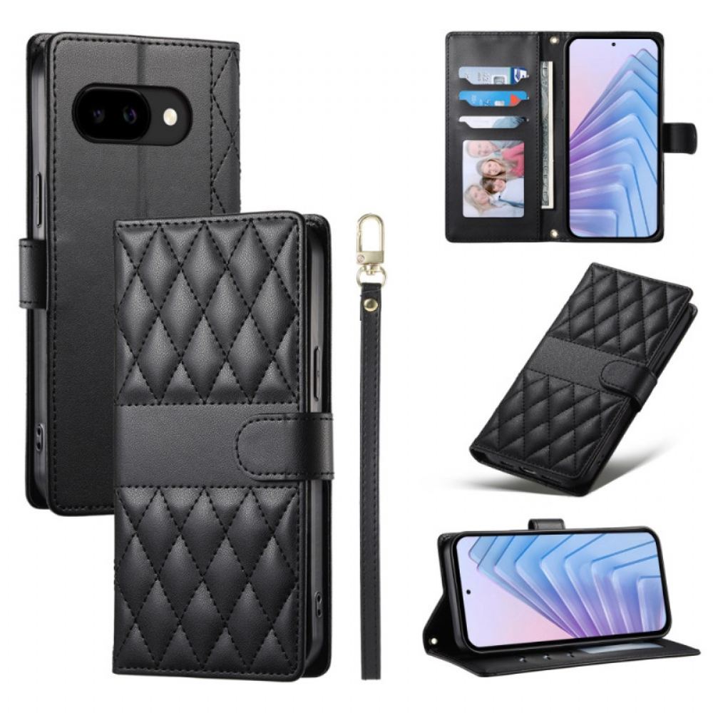 Kožený Kryt Google Pixel 10a Prošívaná Peněženka S Popruhy