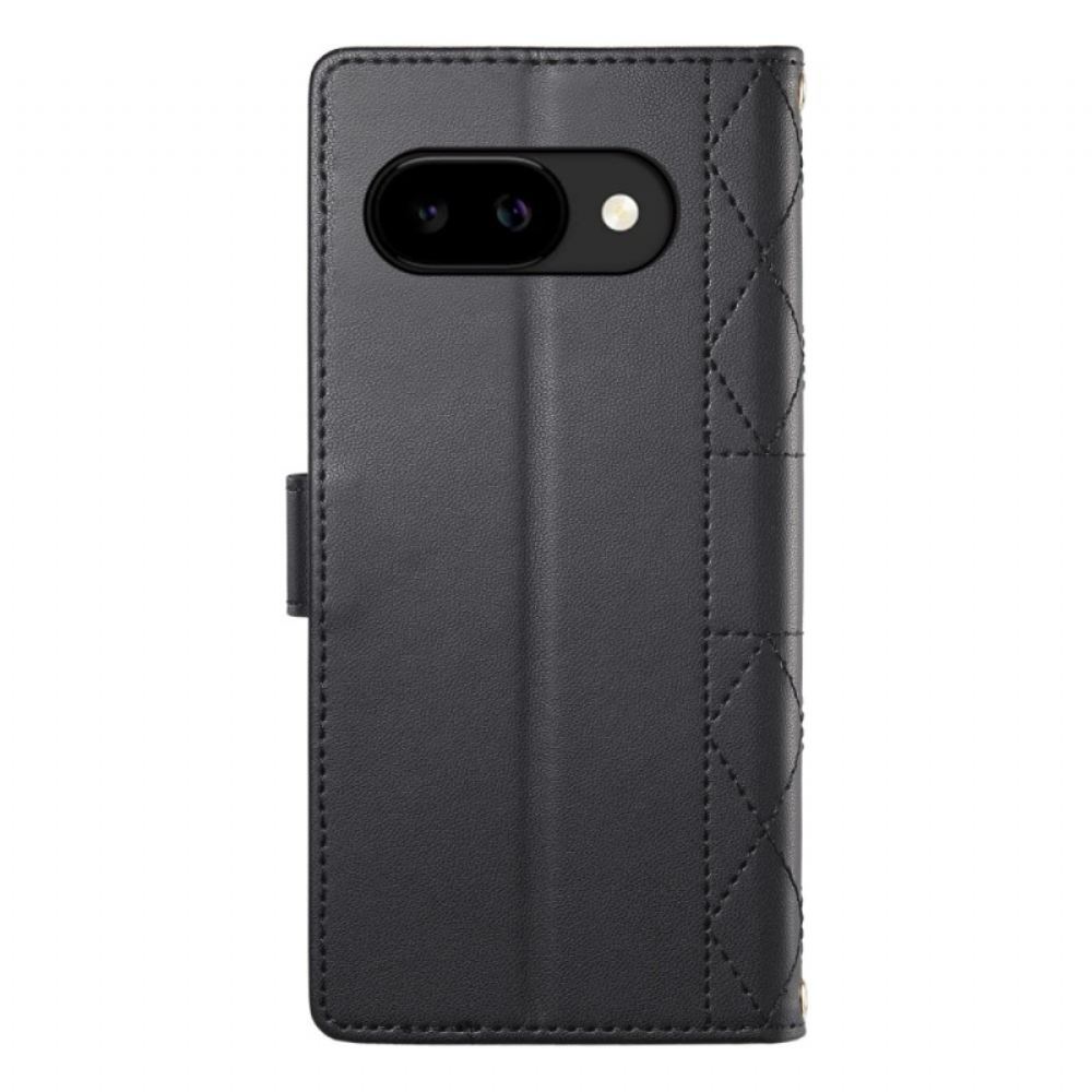 Kožený Kryt Google Pixel 10a Prošívaná Peněženka S Popruhy