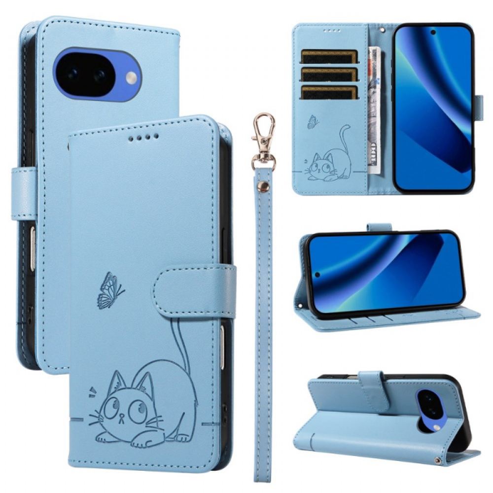 Kožený Kryt Na Google Pixel 10a Kočičí Vzor A Popruh