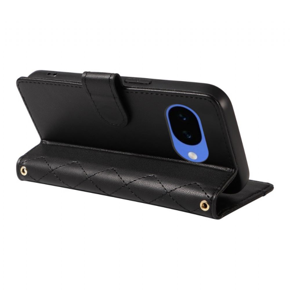 Kožený Kryt Na Google Pixel 10a Prošívaná Peněženka S Popruhem A Ramenním Popruhem