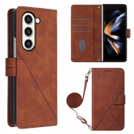 Kožený Kryt Na Samsung Galaxy Z Fold 5 Trojúhelníkový Vzor S Ramenním Popruhem