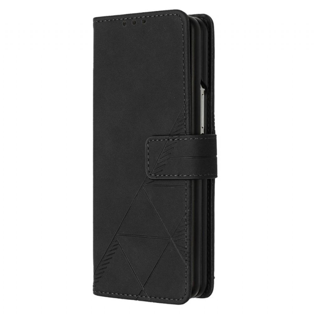 Kožený Kryt Na Samsung Galaxy Z Fold 5 Trojúhelníkový Vzor S Ramenním Popruhem