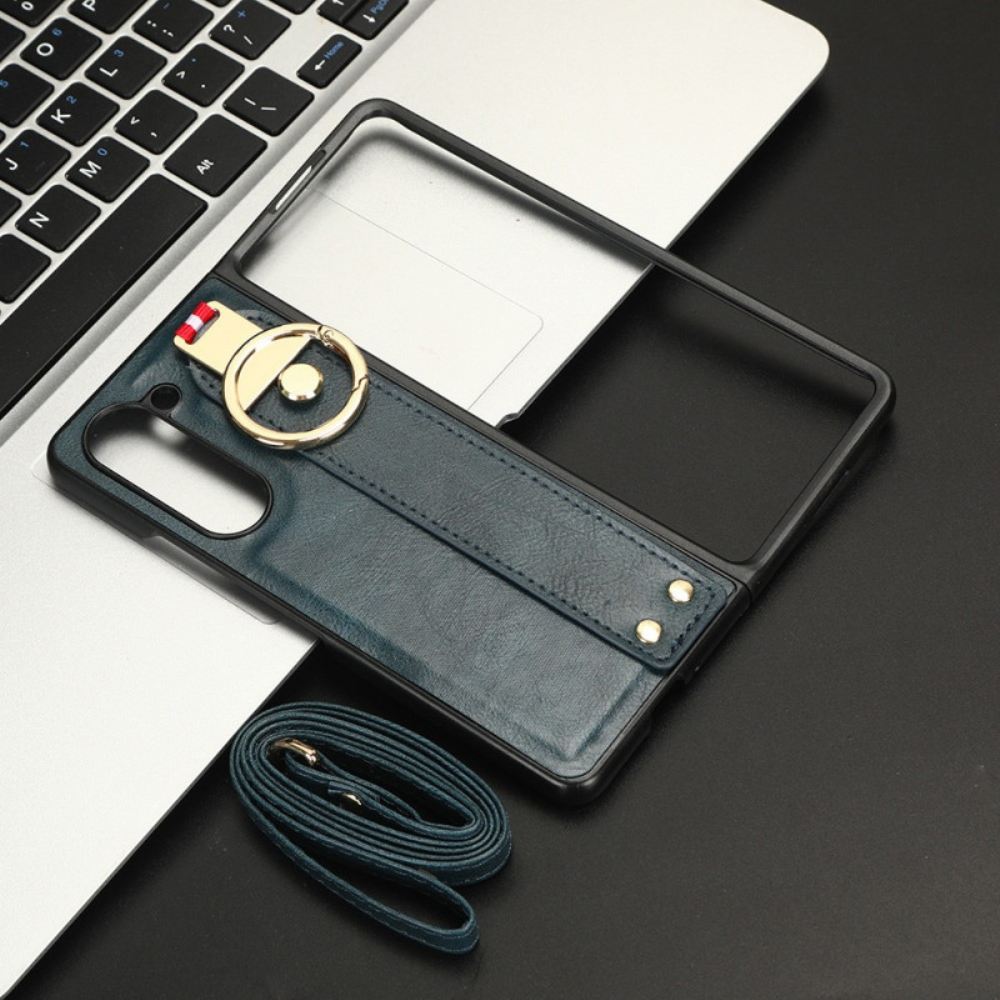 Kryt Samsung Galaxy Z Fold 5 Umělá Kůže S Prstenem A Popruhem Přes Rameno