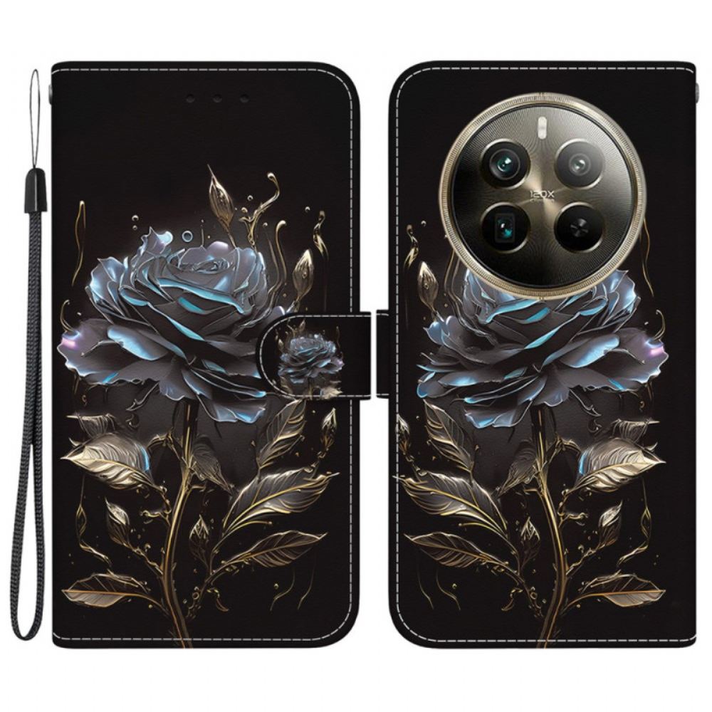 Kožený Kryt Na Realme 12 Pro / 12 Pro Plus Černá Růže S Popruhem