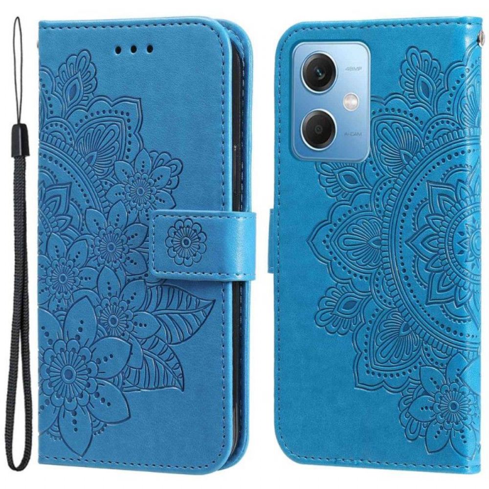 Kožené Pouzdro Na Xiaomi Redmi Note 12 5G Na Lana Popruh Květina Mandala