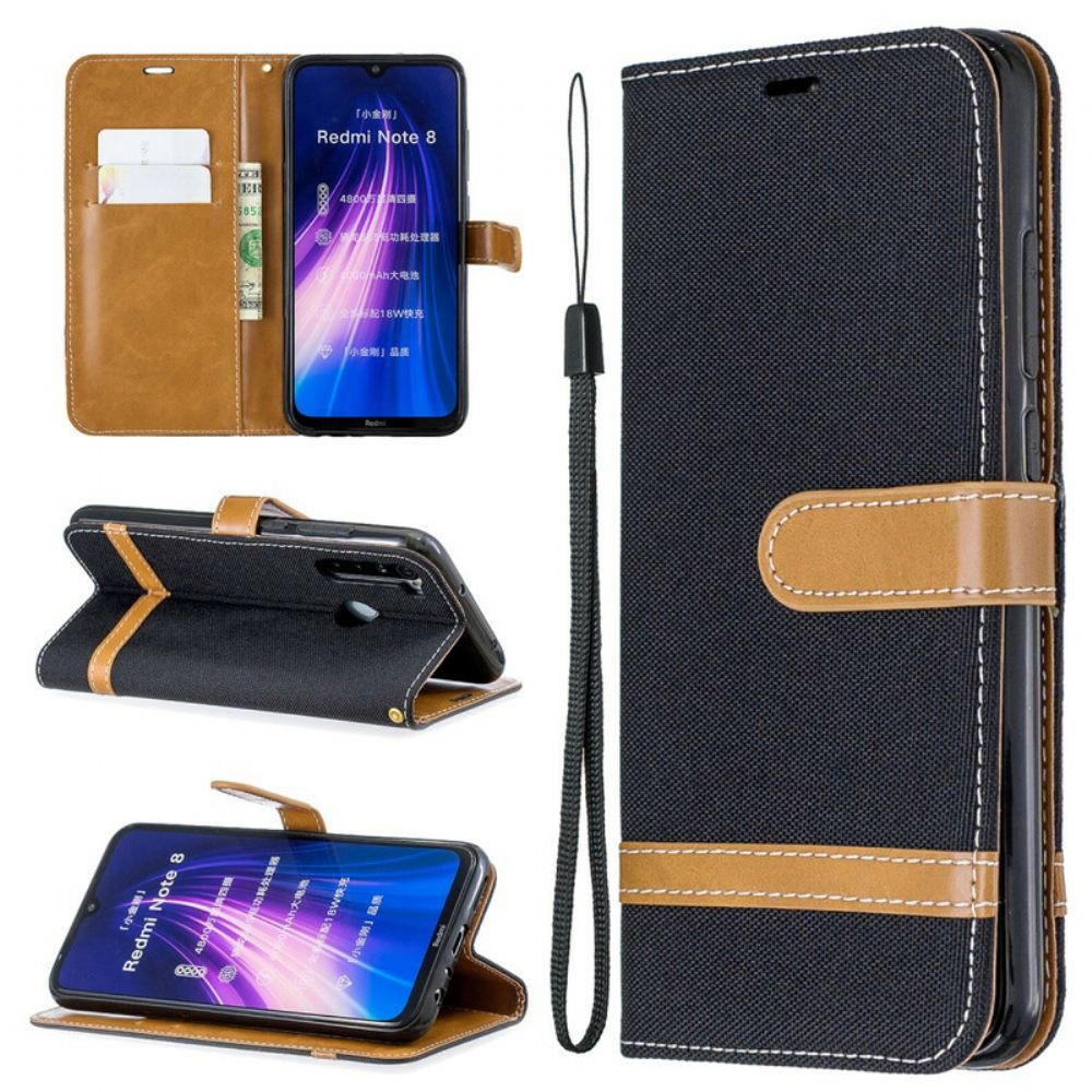 Flipové Pouzdro Na Xiaomi Redmi Note 8 Na Lana Pásek S Látkovým A Koženým Efektem