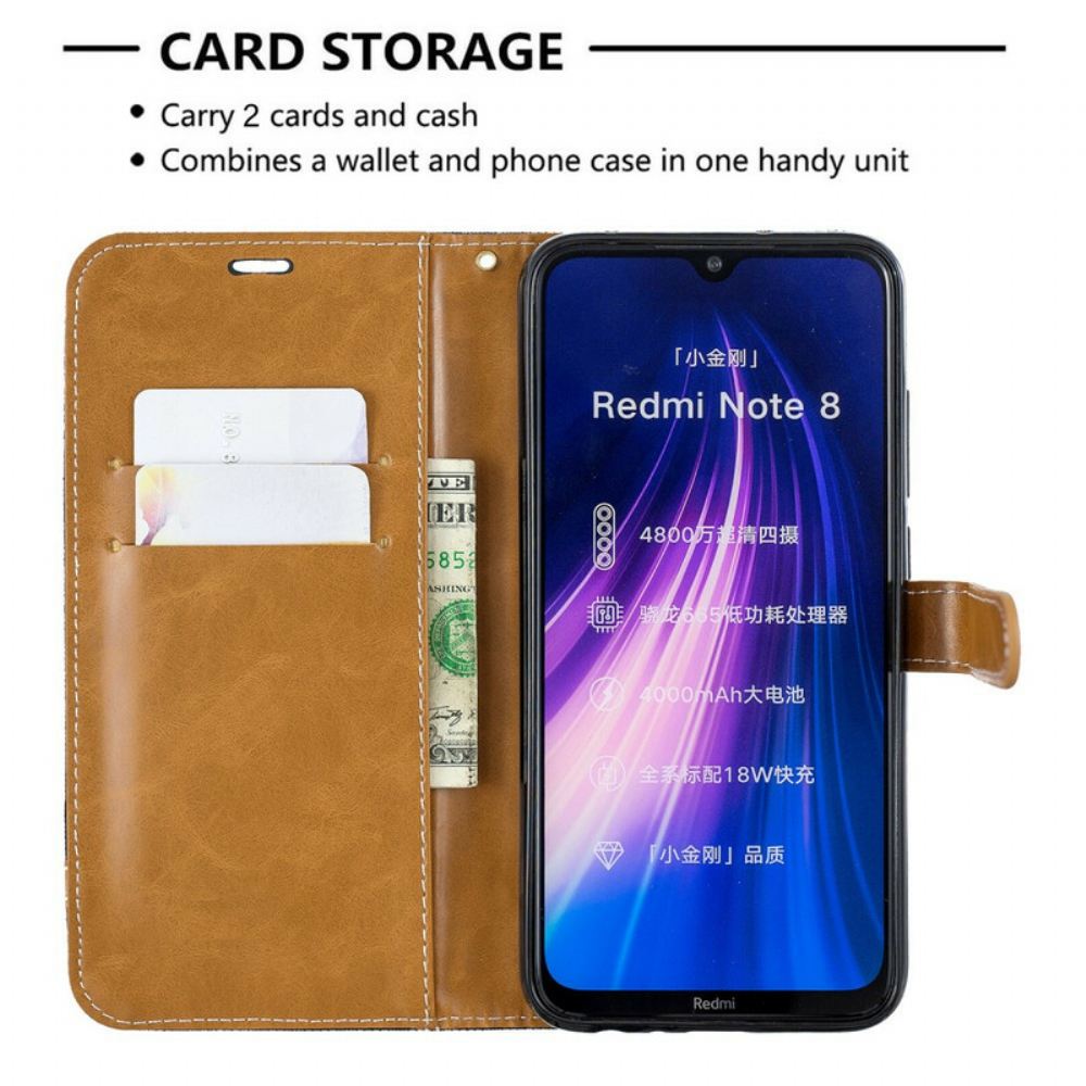 Flipové Pouzdro Na Xiaomi Redmi Note 8 Na Lana Pásek S Látkovým A Koženým Efektem