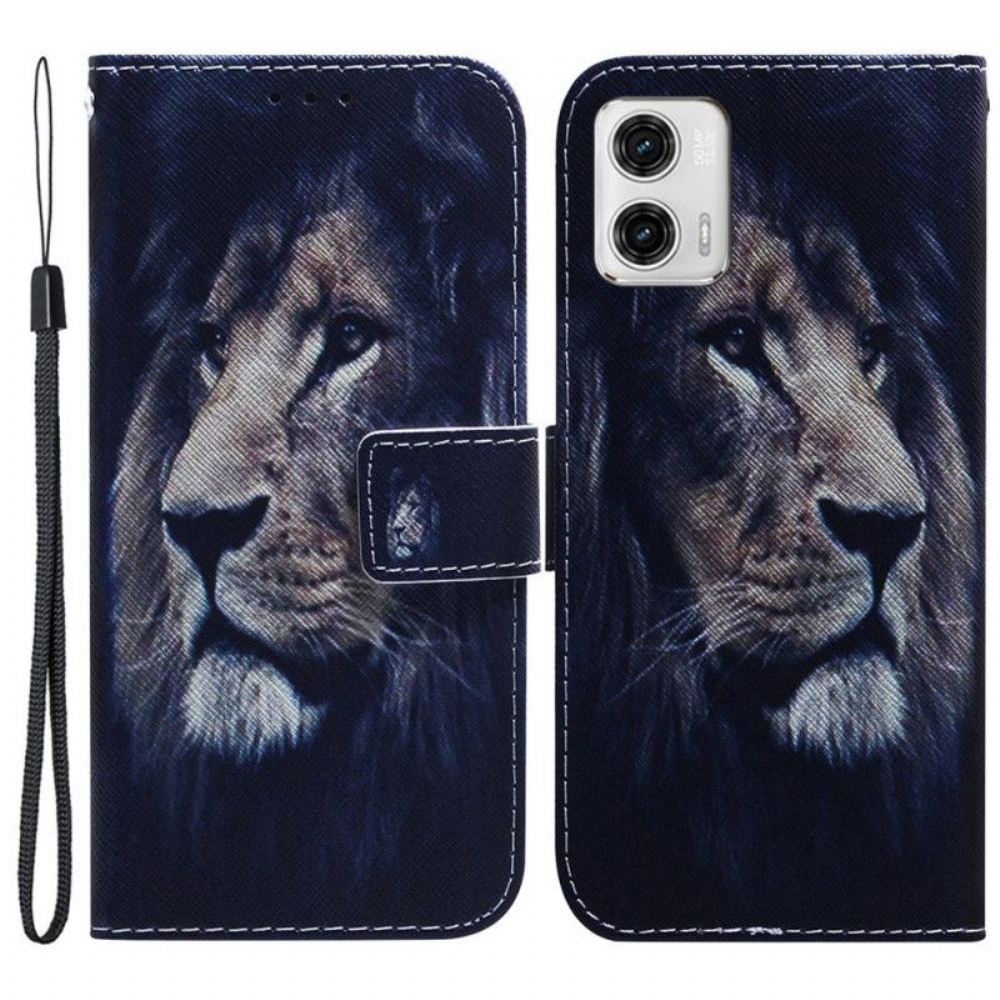 Flipové Pouzdro Na Moto G73 5G Na Lana Lanyard Lion