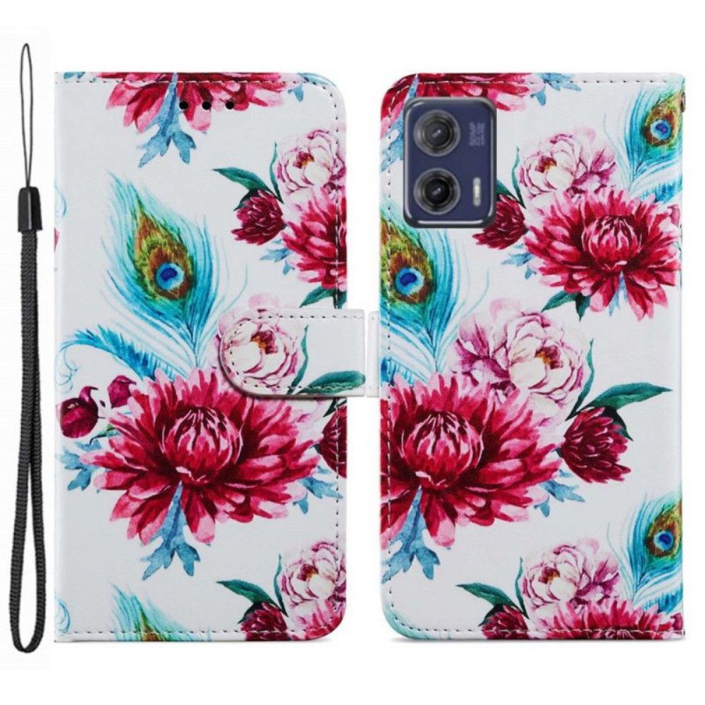 Flipové Pouzdro Na Moto G73 5G Na Lana Strappy Květinové