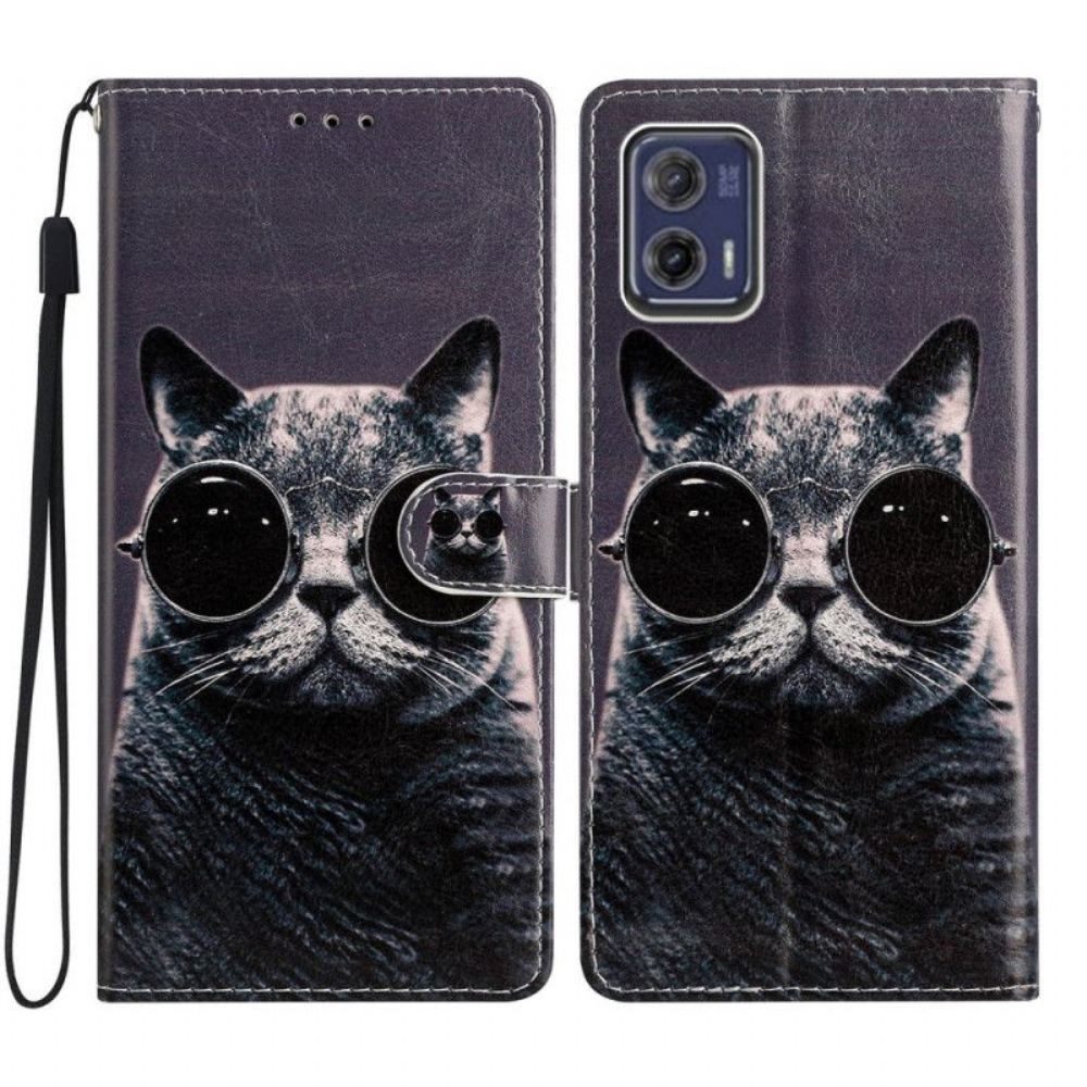 Kožené Pouzdro Na Moto G73 5G Na Lana Brýle S Páskem Cat
