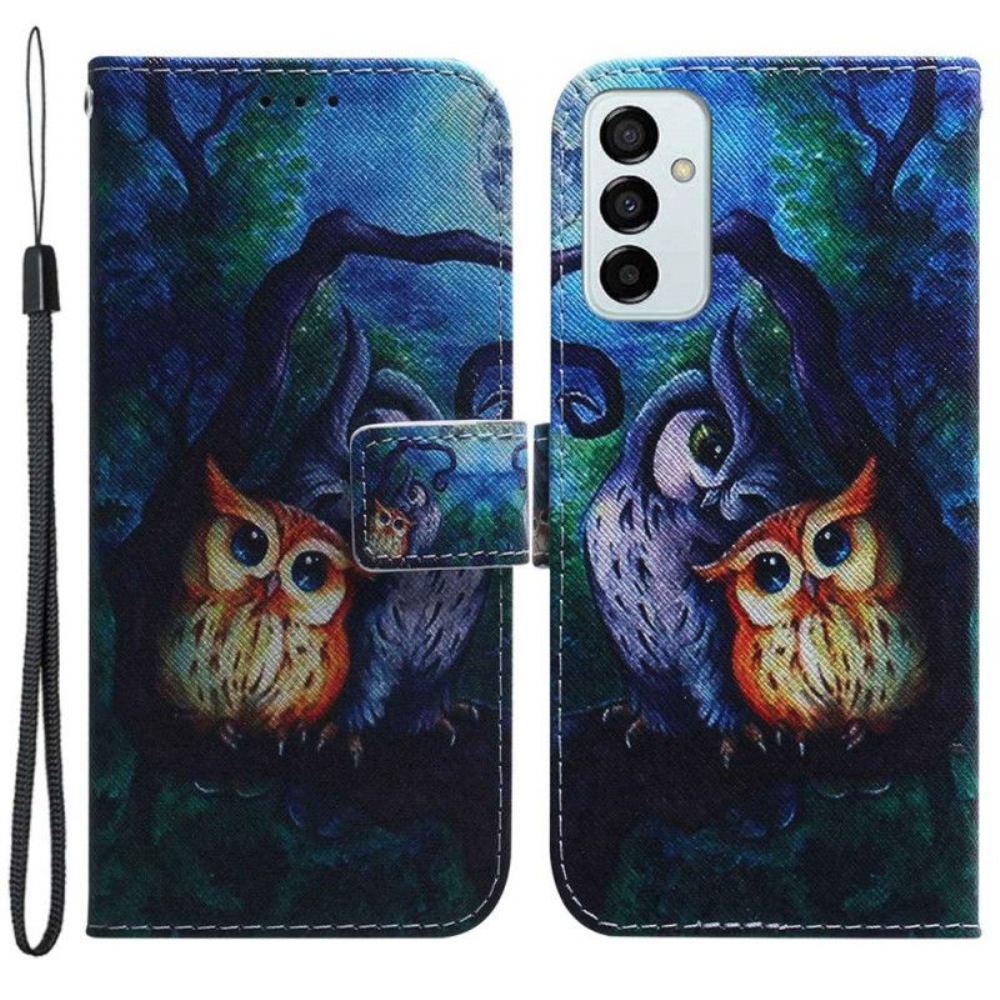 Kožené Pouzdro Na Samsung Galaxy M13 Na Lana Strappy Owls Malování