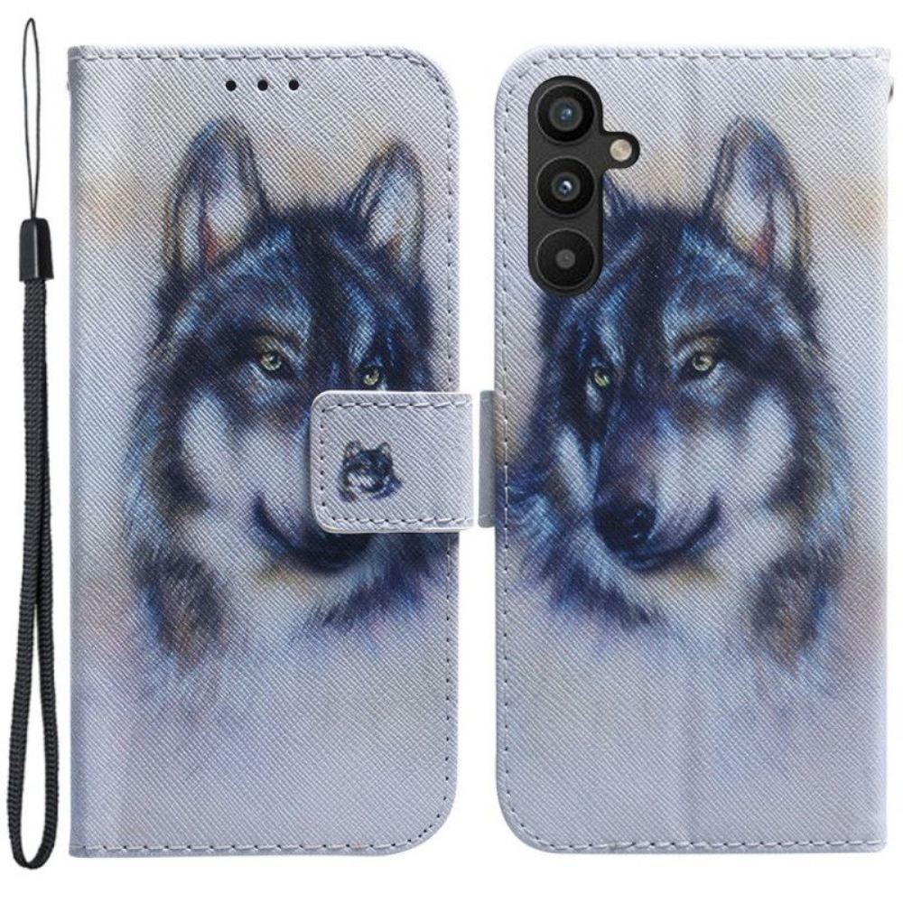 Flipové Pouzdro Na Samsung Galaxy A54 5G Na Lana Strappy Akvarel Vlk