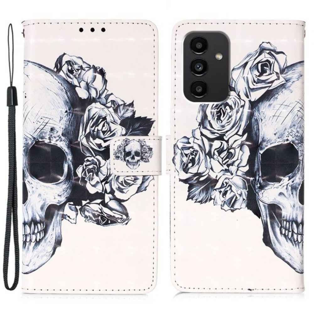 Kožené Pouzdro Na Samsung Galaxy A54 5G Na Lana Květinová Lebka S Popruhem