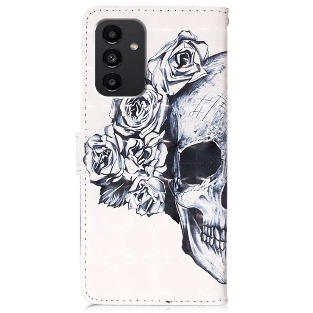 Kožené Pouzdro Na Samsung Galaxy A54 5G Na Lana Květinová Lebka S Popruhem