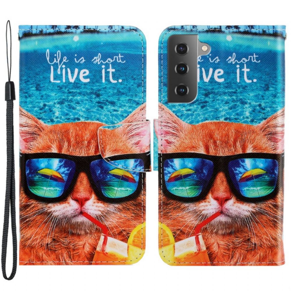 Flipové Pouzdro Na Samsung Galaxy S22 Plus 5G Na Lana Cat Live It Strappy