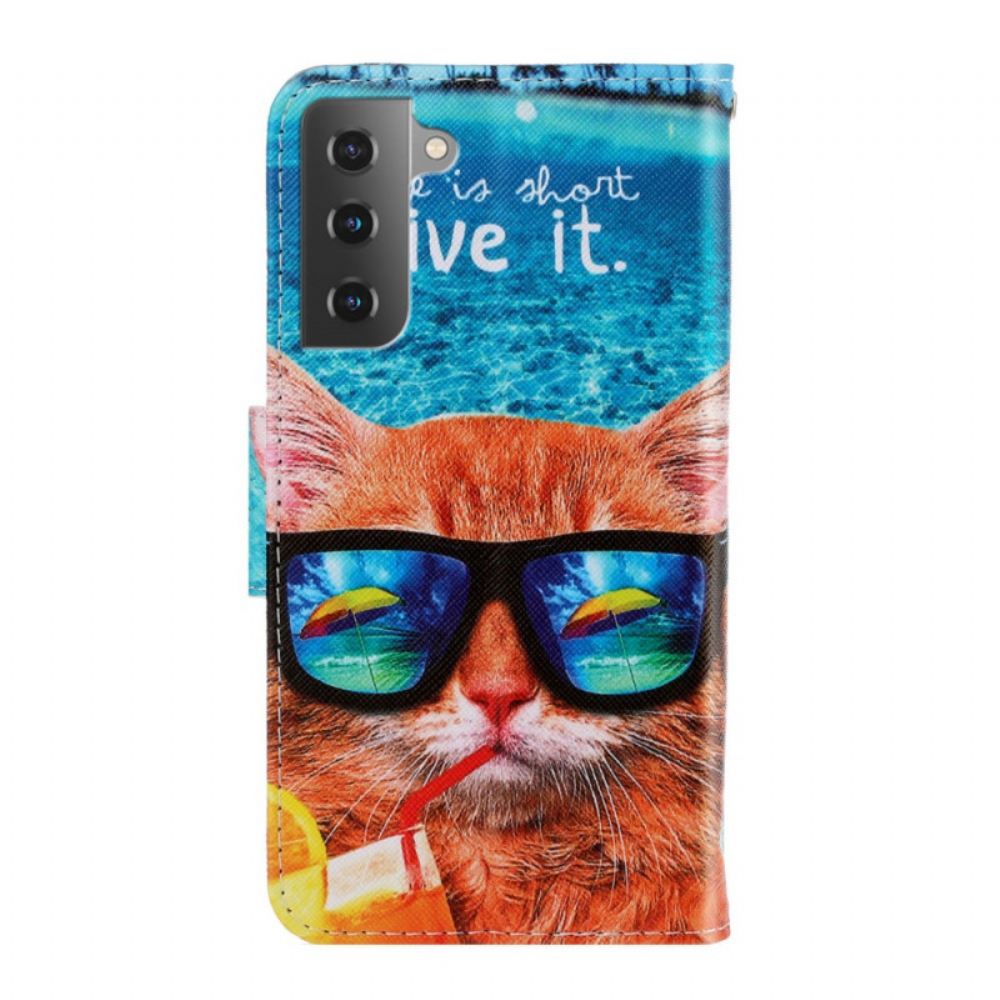 Flipové Pouzdro Na Samsung Galaxy S22 Plus 5G Na Lana Cat Live It Strappy