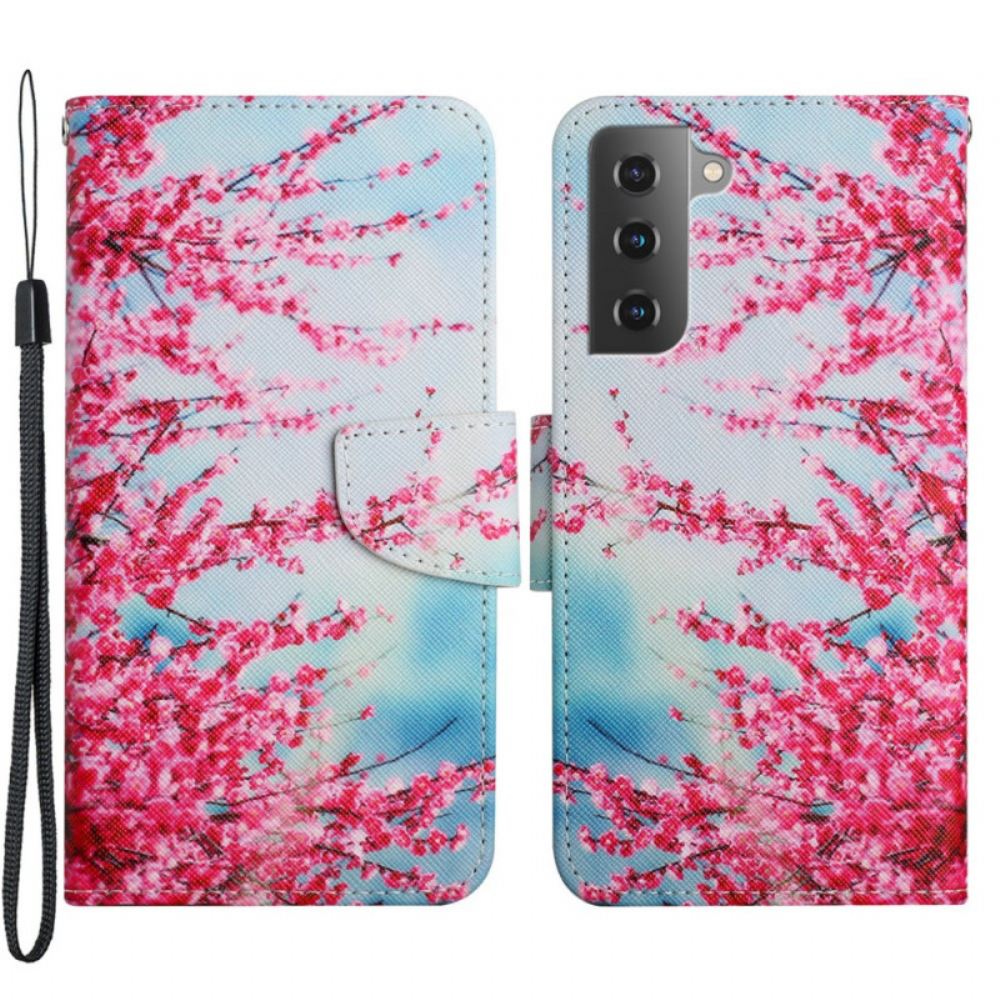 Flipové Pouzdro Na Samsung Galaxy S22 Plus 5G Na Lana Kvetoucí Větev S Popruhem