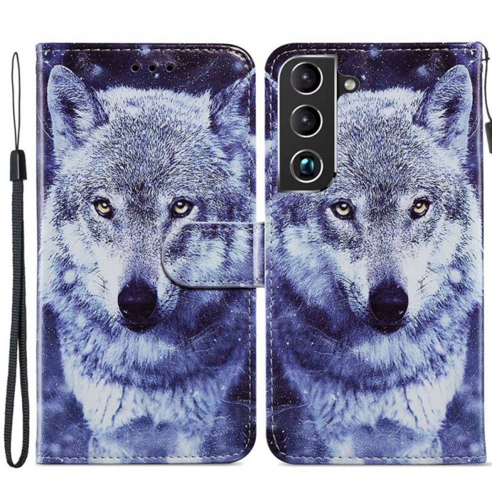 Kožené Pouzdro Na Samsung Galaxy S22 Plus 5G Nádherní Vlci S Lanyardem