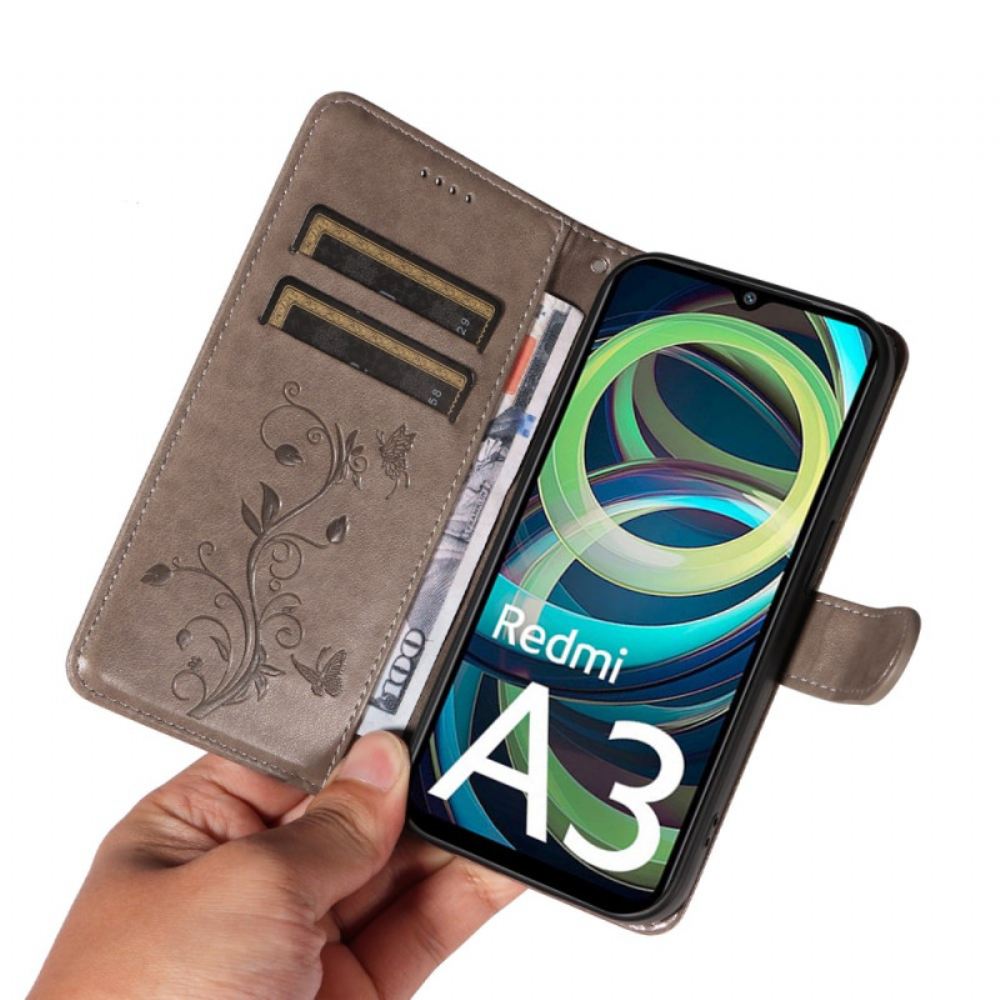 Kožený Kryt Na Poco C61 Design Motýlů A Květin S Popruhem