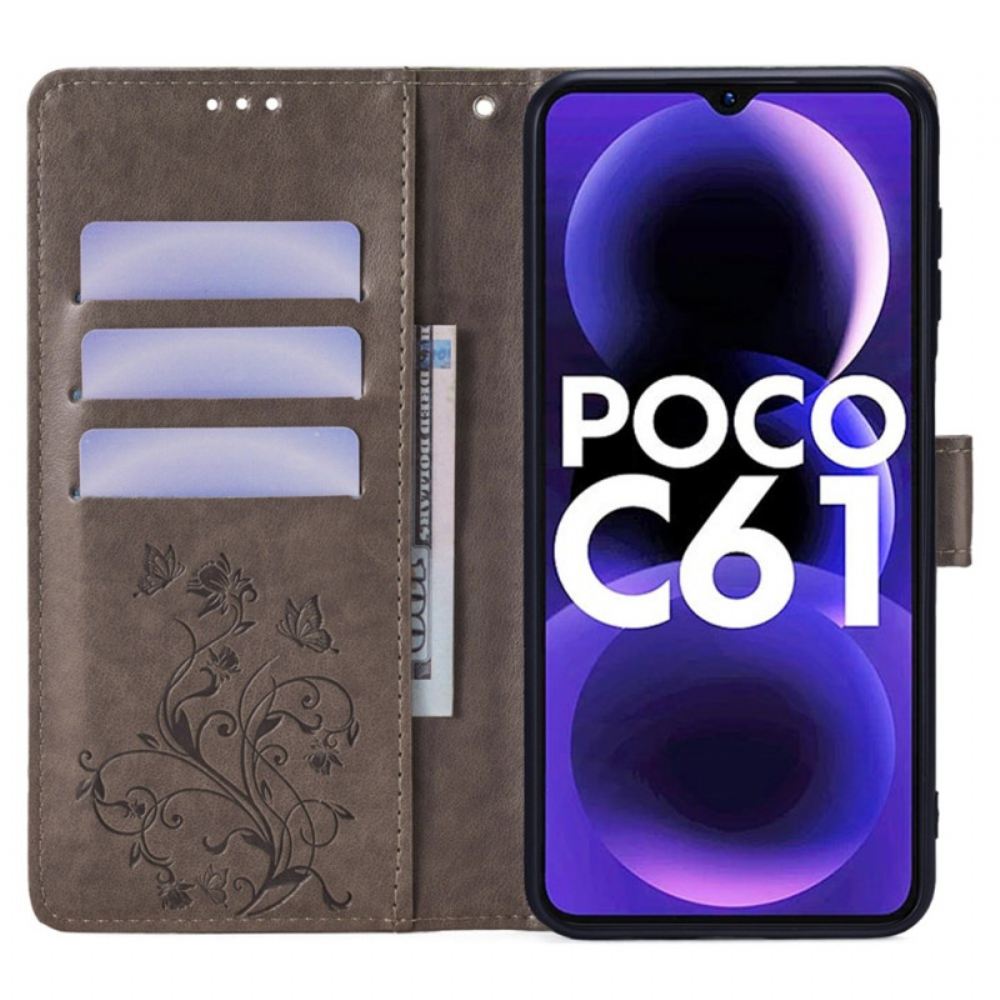 Kožený Kryt Poco C61 Vzor Květin A Motýlů S Popruhem