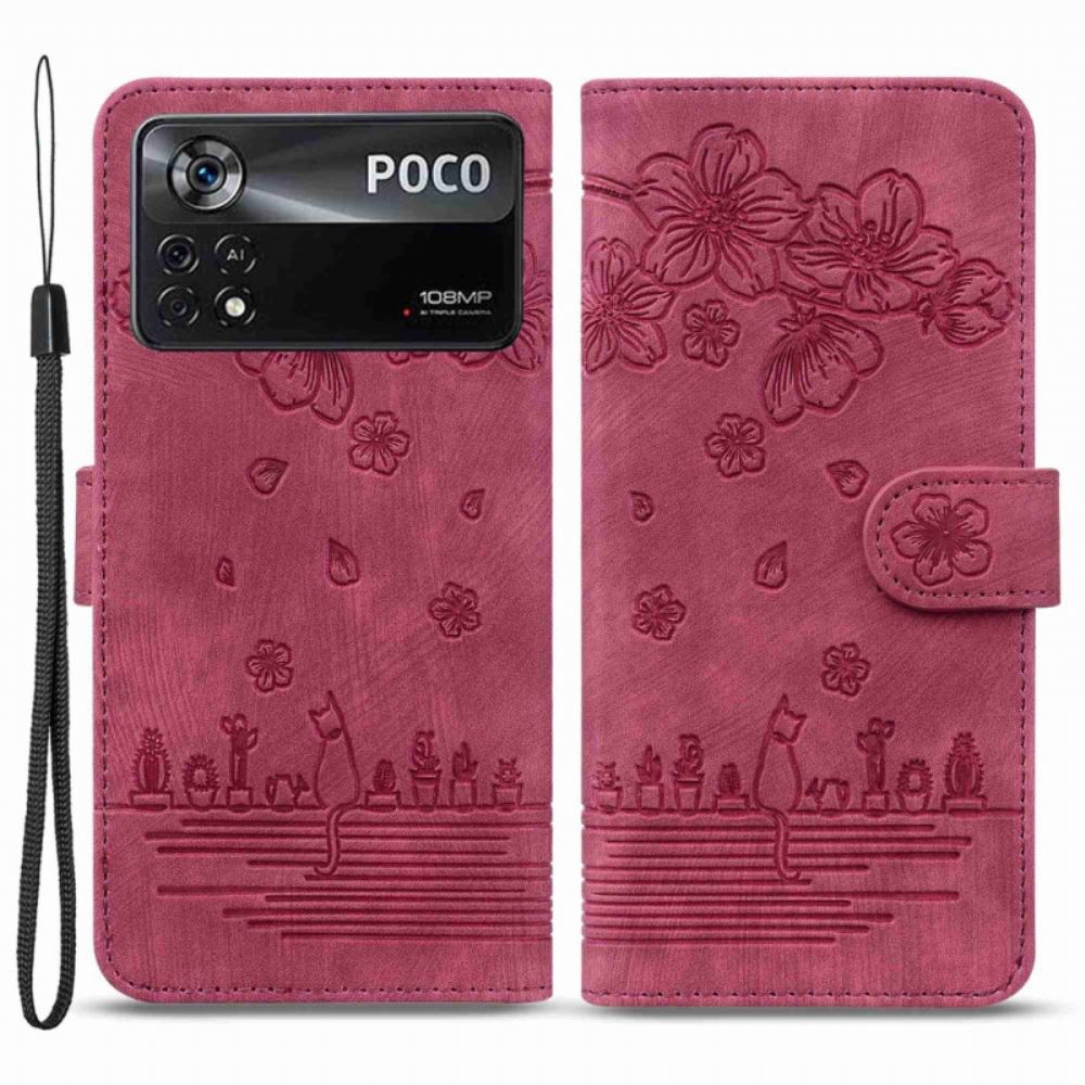 Flipové Pouzdro Na Poco X4 Pro 5G Na Lana Květinová Strappy Cat