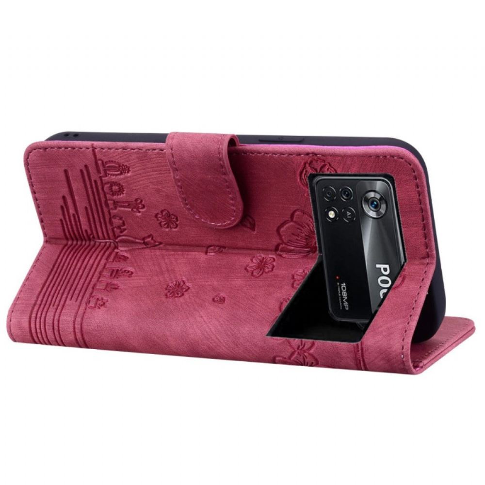 Flipové Pouzdro Na Poco X4 Pro 5G Na Lana Květinová Strappy Cat