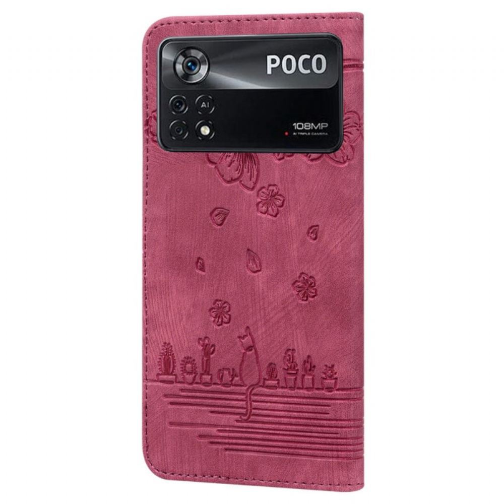 Flipové Pouzdro Na Poco X4 Pro 5G Na Lana Květinová Strappy Cat