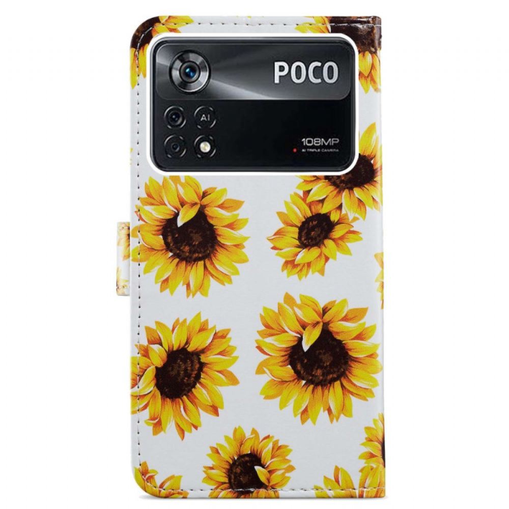 Flipové Pouzdro Na Poco X4 Pro 5G Na Lana Popruhové Květiny