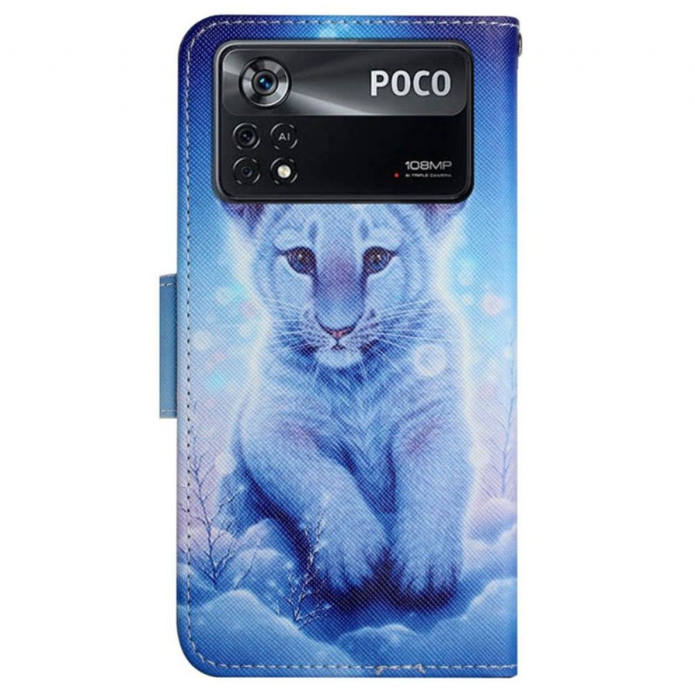 Flipové Pouzdro Na Poco X4 Pro 5G Na Lana Tygří Mládě S Popruhem