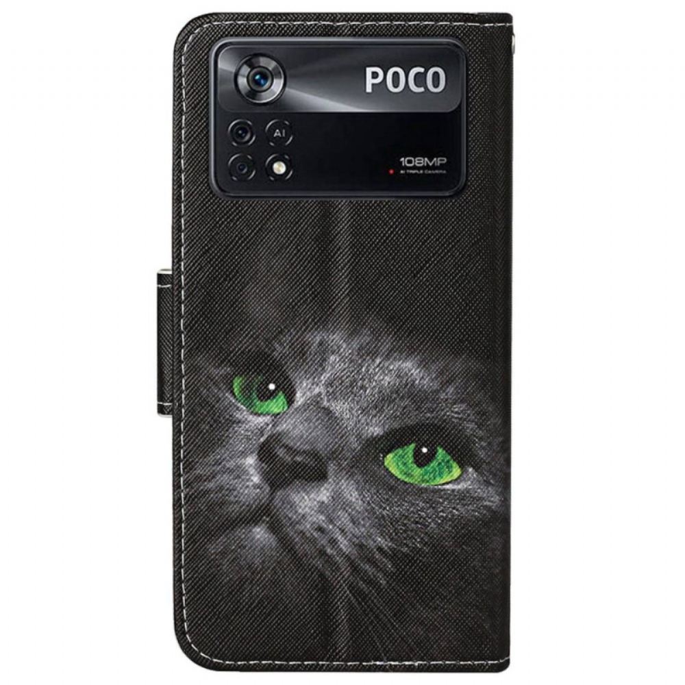 Flipové Pouzdro Na Poco X4 Pro 5G Na Lana Zelenooká Kočka S Popruhem