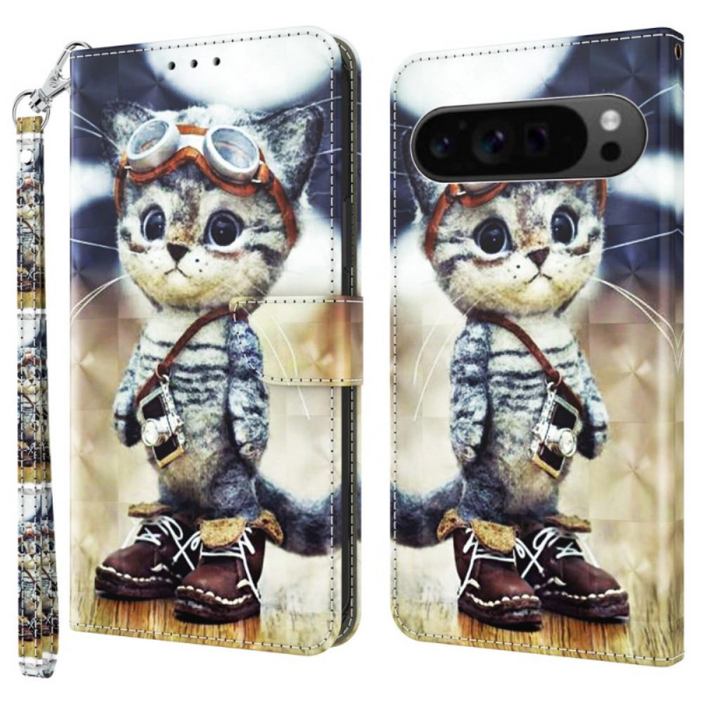 Kožený Kryt Google Pixel 9 Cestující Kočka S Popruhem