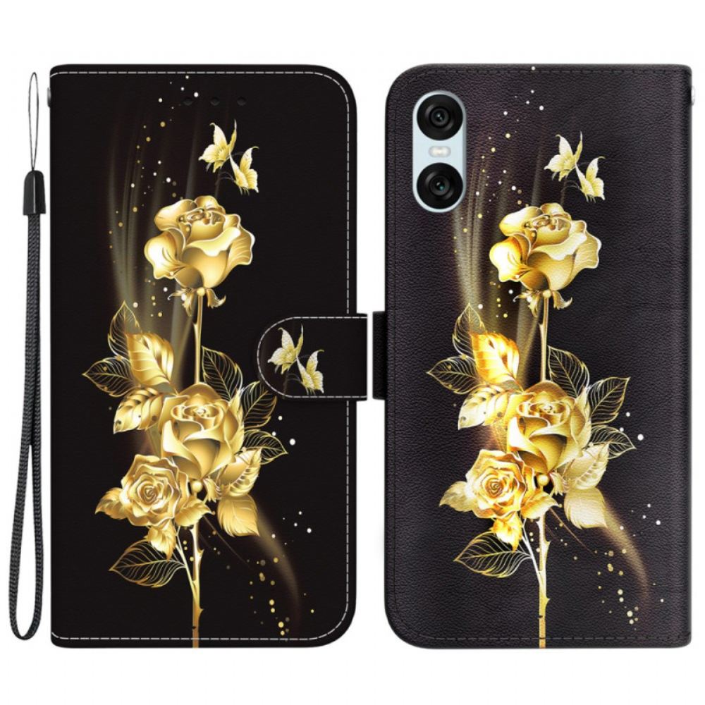 Kožený Kryt Na Sony Xperia 10 Vi Zlatí A Růžoví Motýli S Řemínkem