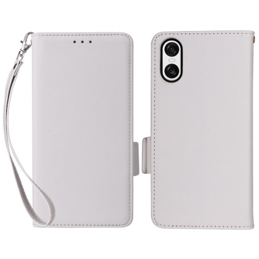 Kožený Kryt Sony Xperia 10 Vi Dvojitá Spona A Pásek Textury Litchi