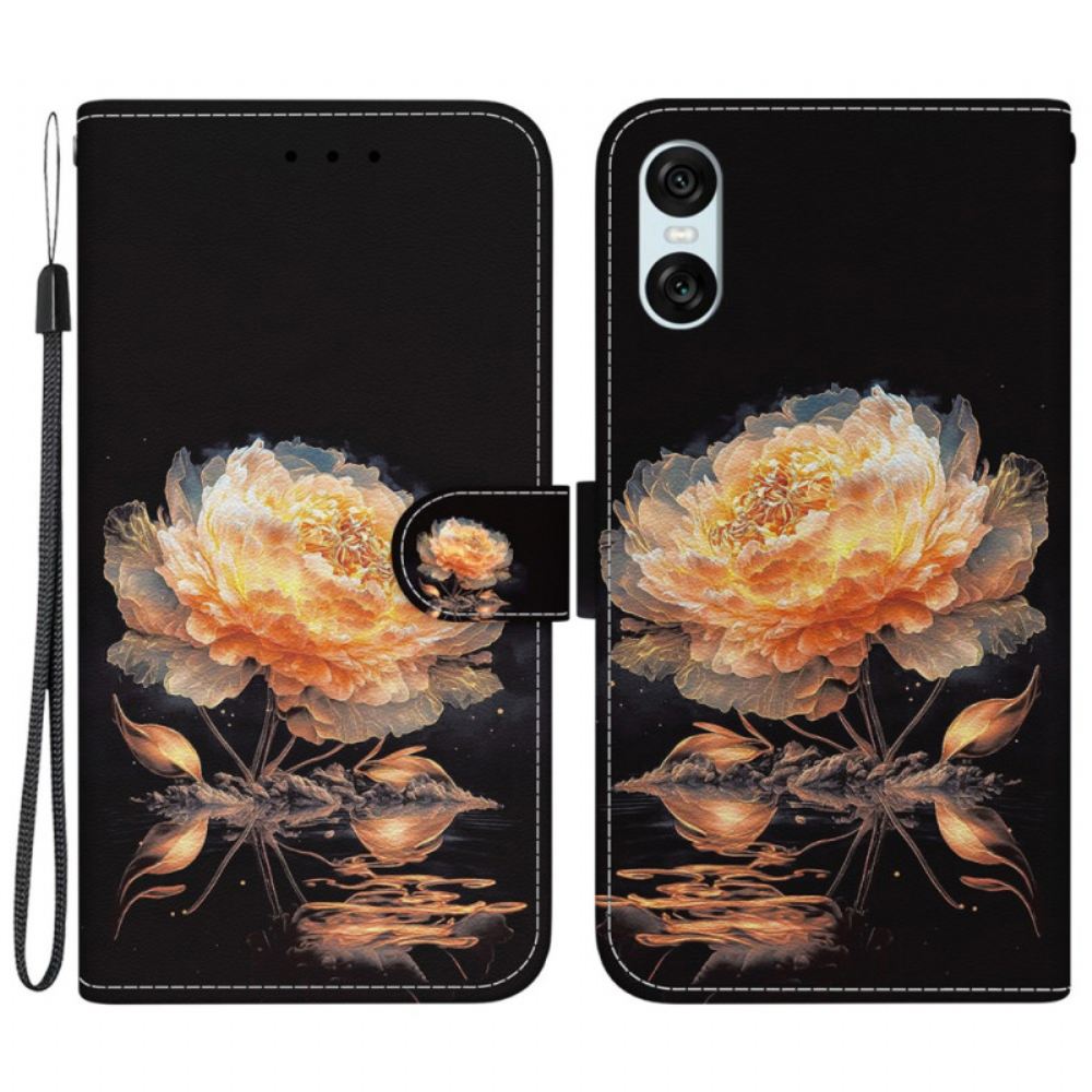 Kožený Kryt Sony Xperia 10 Vi Zlatá Pivoňka S Řemínkem